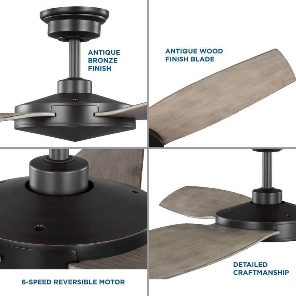 54" Antique Bronze Ceiling Fan with Grey Weathered Wood Blades