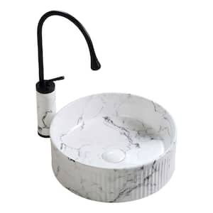 15 in. Vessel Round Bathroom Sink in Black White Marble Ceramic with Faucet and Darin