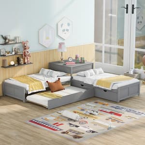 L-shaped Gray Twin Size Platform Bed with Trundle and Drawers, Linked with Built-in Desk