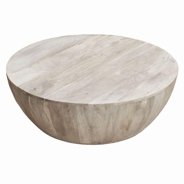 THE URBAN PORT Arthur 35.5 in. Distressed White Round Mango Wood Coffee Table with Subtle Grains