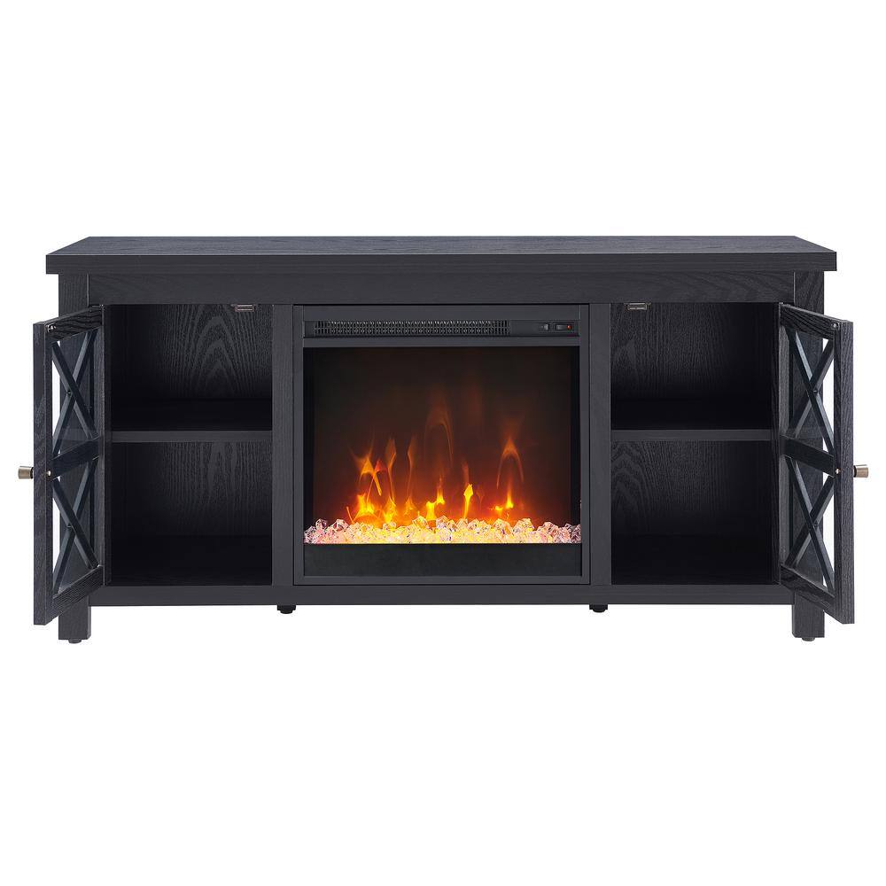 Colton 55" Black Metal TV Stand with Crystal Fireplace and Cabinet