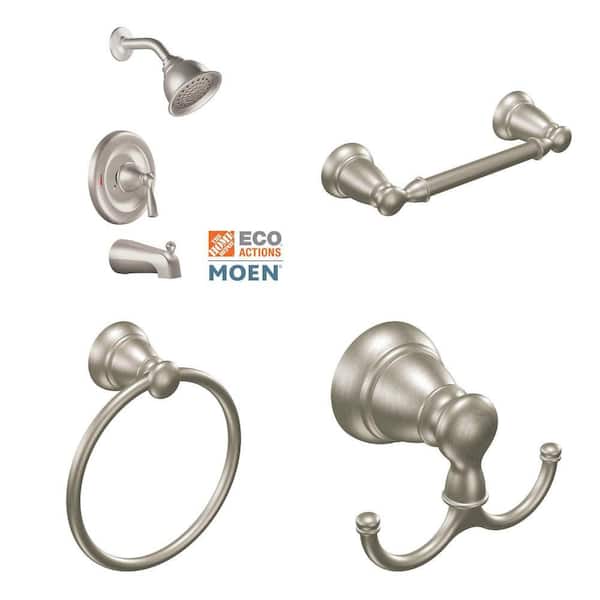 Banbury Tub/Shower Faucet 1.75 GPM, Toilet Paper Holder, Towel Ring and Robe Hook in Brushed Nickel Combo