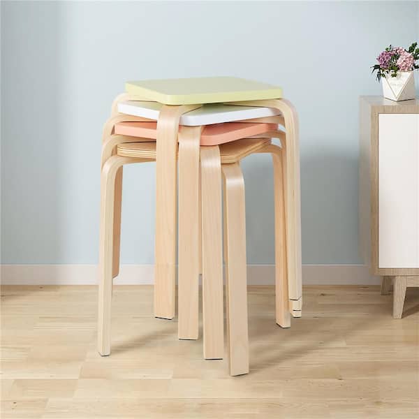 18 in. H Set of 4 Colorful Square Stools Stackable Wood Stools with Anti-Slip Felt Mats