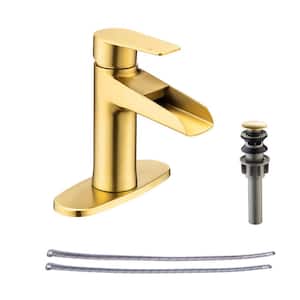 Single-Handle Spout Single-Hole Bathroom Faucet with Deckplate and Drain Kit Included Waterfall in Gold