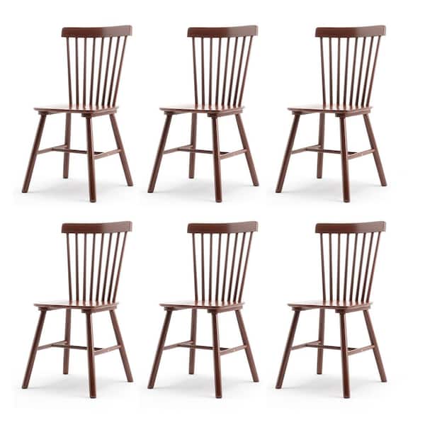 LUE BONA 18 in. Walnut Classic Windsor Dining Chair, Solid Wood High Spindle Back Kitchen Chair Set of 6