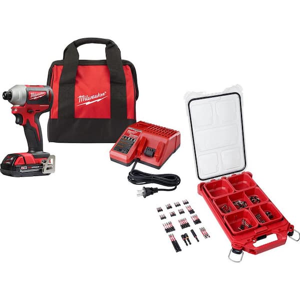 Milwaukee 2850-21P-48-32-4082 M18 18V Lithium-Ion Compact Brushless Cordless 1/4 in. Impact Driver Kit w/ Screw Driver Bit Set PACKOUT (100-Piece) - 1