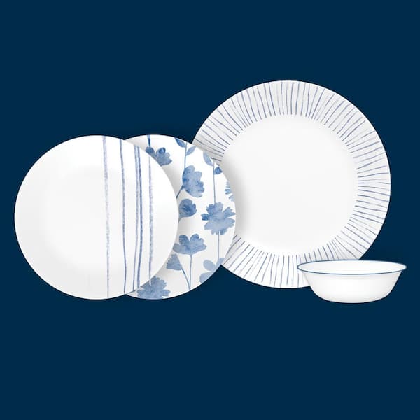 Botanical Stripes 12-piece Multi-Colored Glass Dinnerware Set, Service Set for 4, Blue and White
