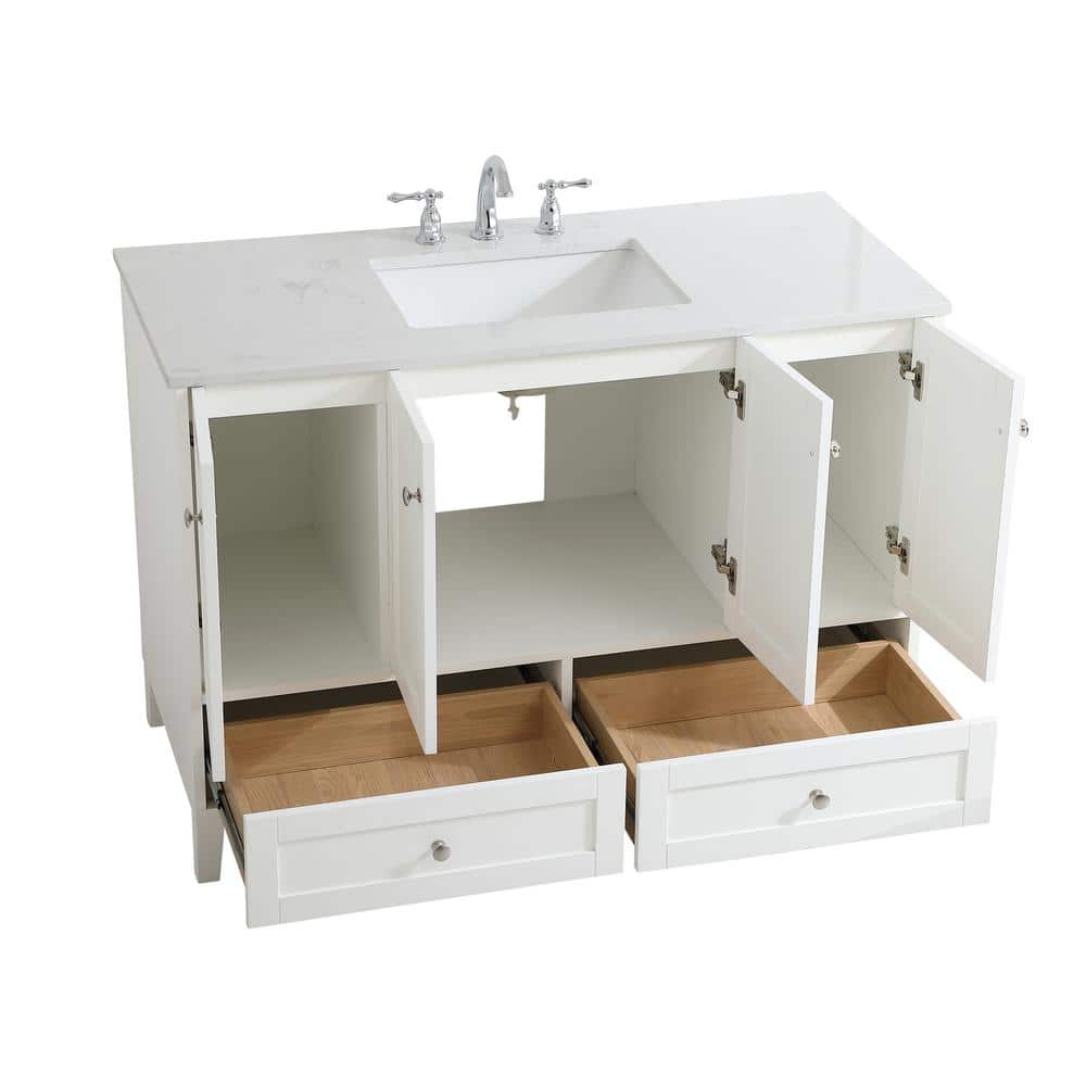 White 48" Single Quartz Top Bathroom Vanity with Drawers