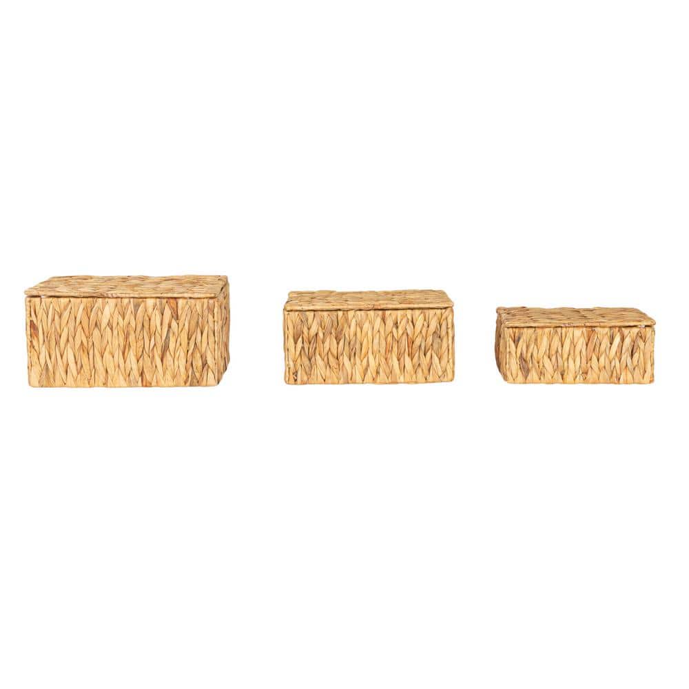 Natural Water Hyacinth Rectangular Storage Basket Set with Lids