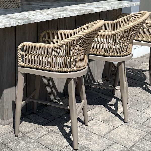 PURPLE LEAF Modern Aluminum Rattan Counter Height Outdoor Bar Stool with Back and Beige Cushion (2-Pack)