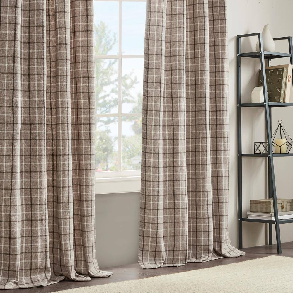 Greige Plaid Light-Filtering Polyester Drapes with Fleece Lining