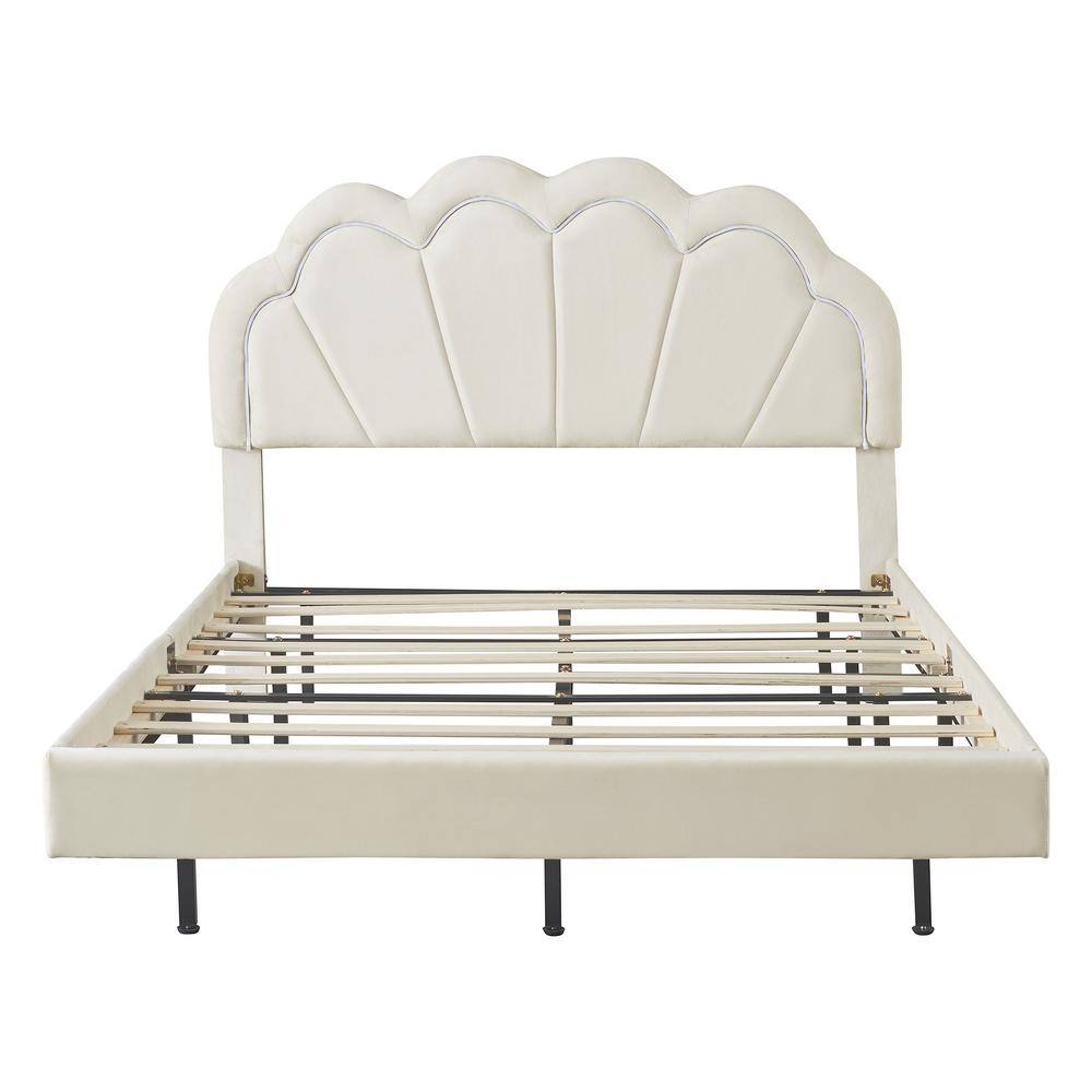 Beige Wood Frame Velvet Full Platform Bed with Elegant LED Flowers Headboar
