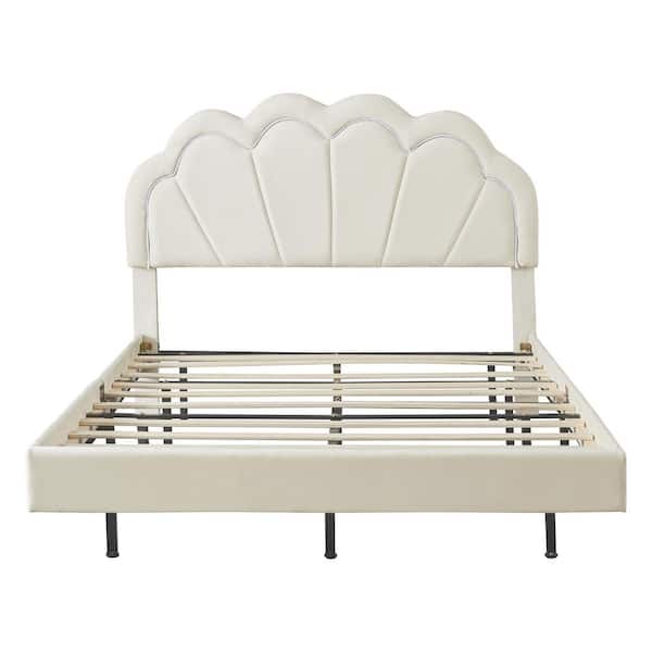 Unbranded Beige Wood Frame Velvet Full Platform Bed with Elegant LED Flowers Headboard Wooden Slats Upholstered Bed Frame