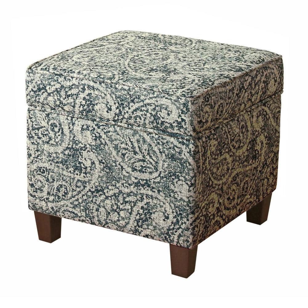 Paisley Blue and Gray Fabric Upholstered Storage Ottoman