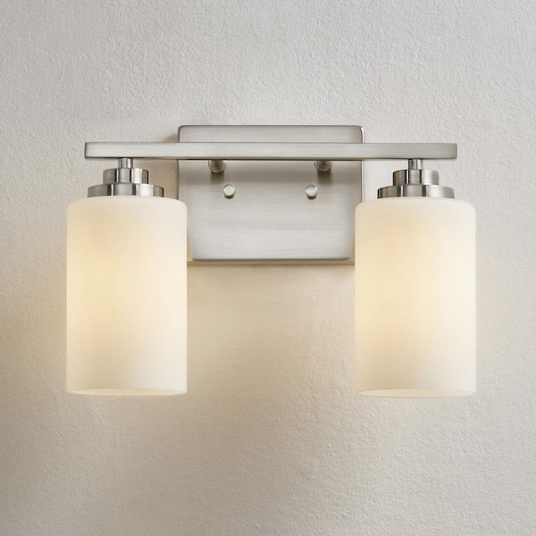 13 in. 2-Light Brushed Nickel Vanity Light with Frosted White Glass Shade