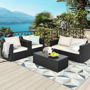 8-Piece Rattan Patio Conversation Set Outdoor Furniture Set w/Off White Cushions