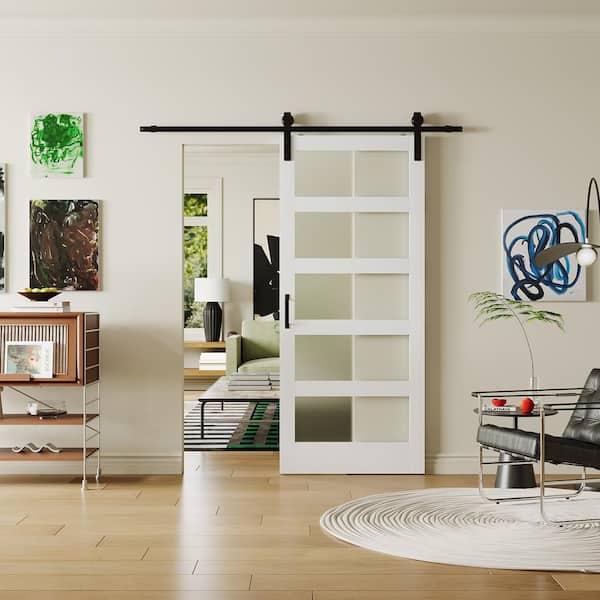 36 in. W. x 84 in. 5-Panel, Frosted Glass, White, Can't Be Painted, Finished MDF Sliding Barn Door with Hardware Kit