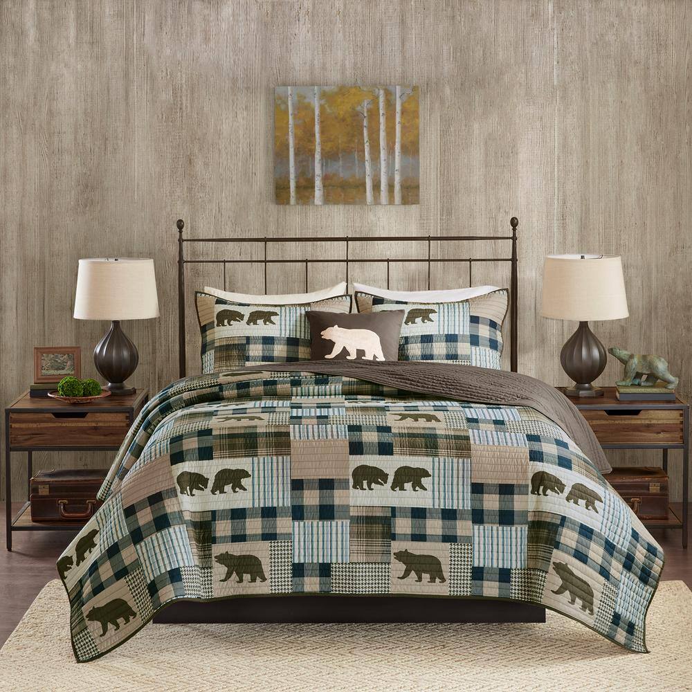 Brown and Blue Reversible Full Microfiber Quilt Set