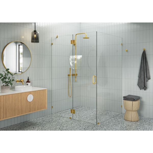Glass Warehouse 55 in. W x 48 in. D x 78 in. H Pivot Frameless Corner Shower Enclosure in Satin Brass Finish with Clear Glass