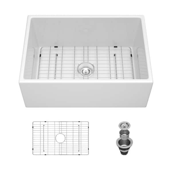 28 in. Apron-Front Farmhouse Single Bowl White Ceramic Kitchen Sink with Bottom Grids＆Basket Strainer