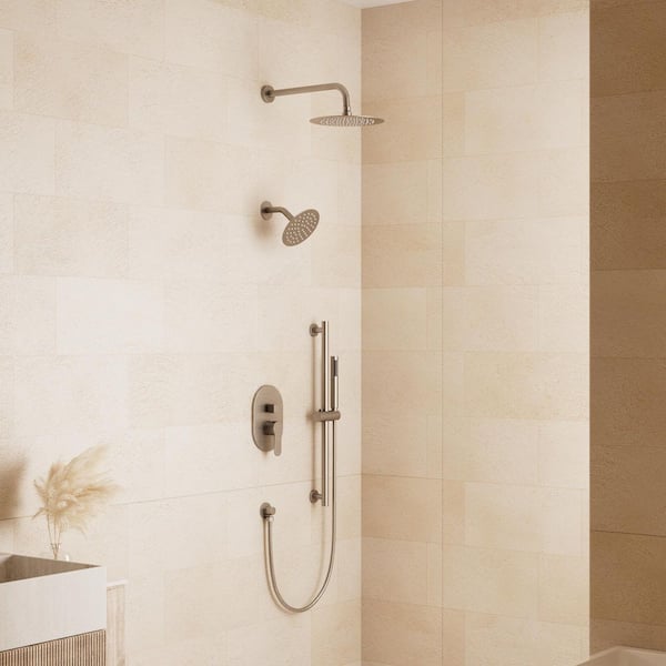 Crozet 3-Spray 10 in. Wall Mount Dual Fixed and Handheld Shower Head Shower Faucet Hand Shower 2.5 GPM in Brushed Nickel