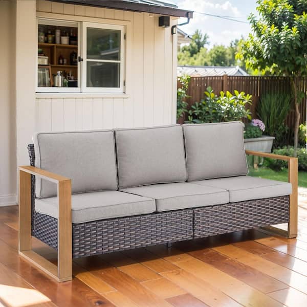 Brown Wicker Outdoor Patio 3-Seat Sofa Couch with Gray Cushions