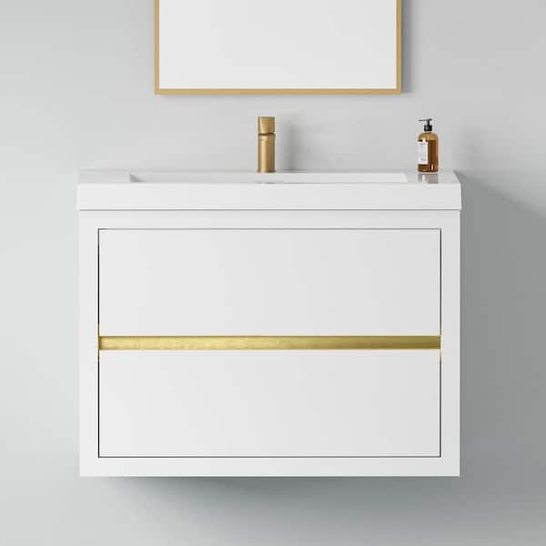 30 in. Single Sink Floating White Bath Vanity with White Resin Top (Assembled), Ample Storage Space, Invisible Handle