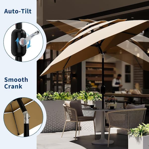 best 3 tier patio umbrella EliteShade USA 10-Year-Non-Fading 9ft 3-Tier Market Umbrella, Commercial Grade Outdoor Table with Crank Open, Windproof & UPF 50+ UV Protection, Heavy Duty Ventilation for Garden, Deck, Pool, Backyard installed lights Best Choice Products 10ft 3-Tier