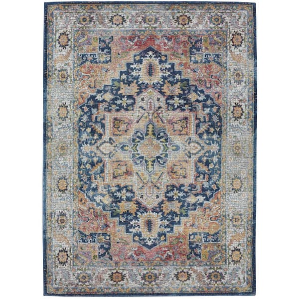 5 ft. x 8 ft. Blue and Orange Floral Medallion Distressed Non Skid Area Rug