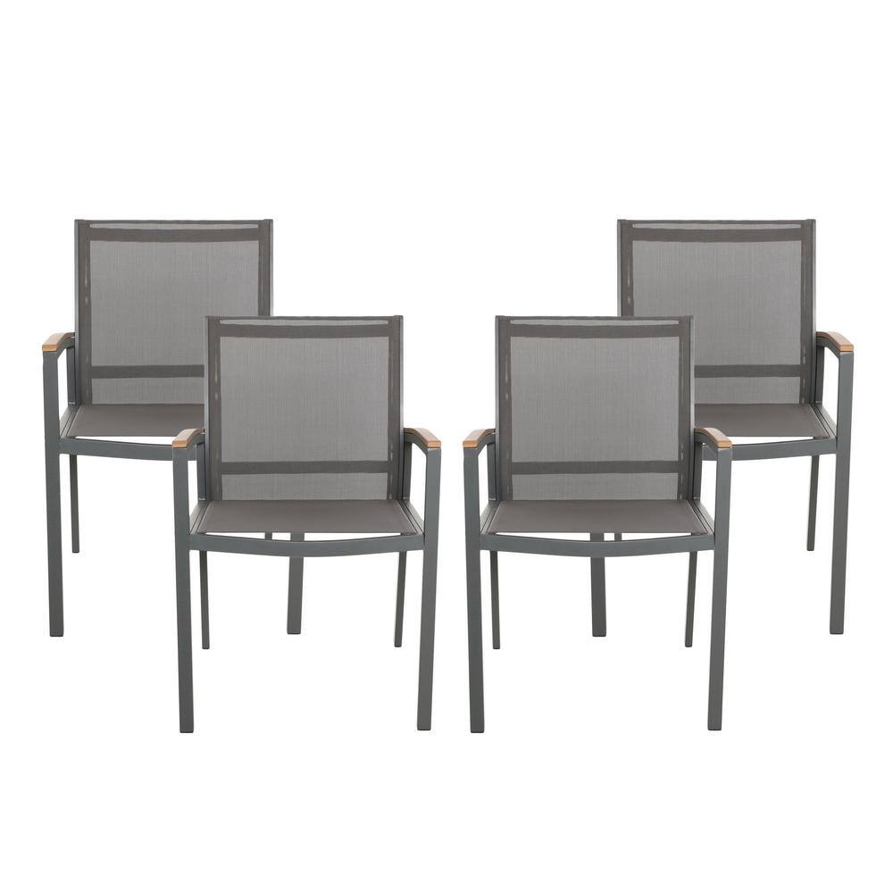 Gray and Natural Brown Aluminum Outdoor Dining Chairs with Faux Wood Accents, Set of 4