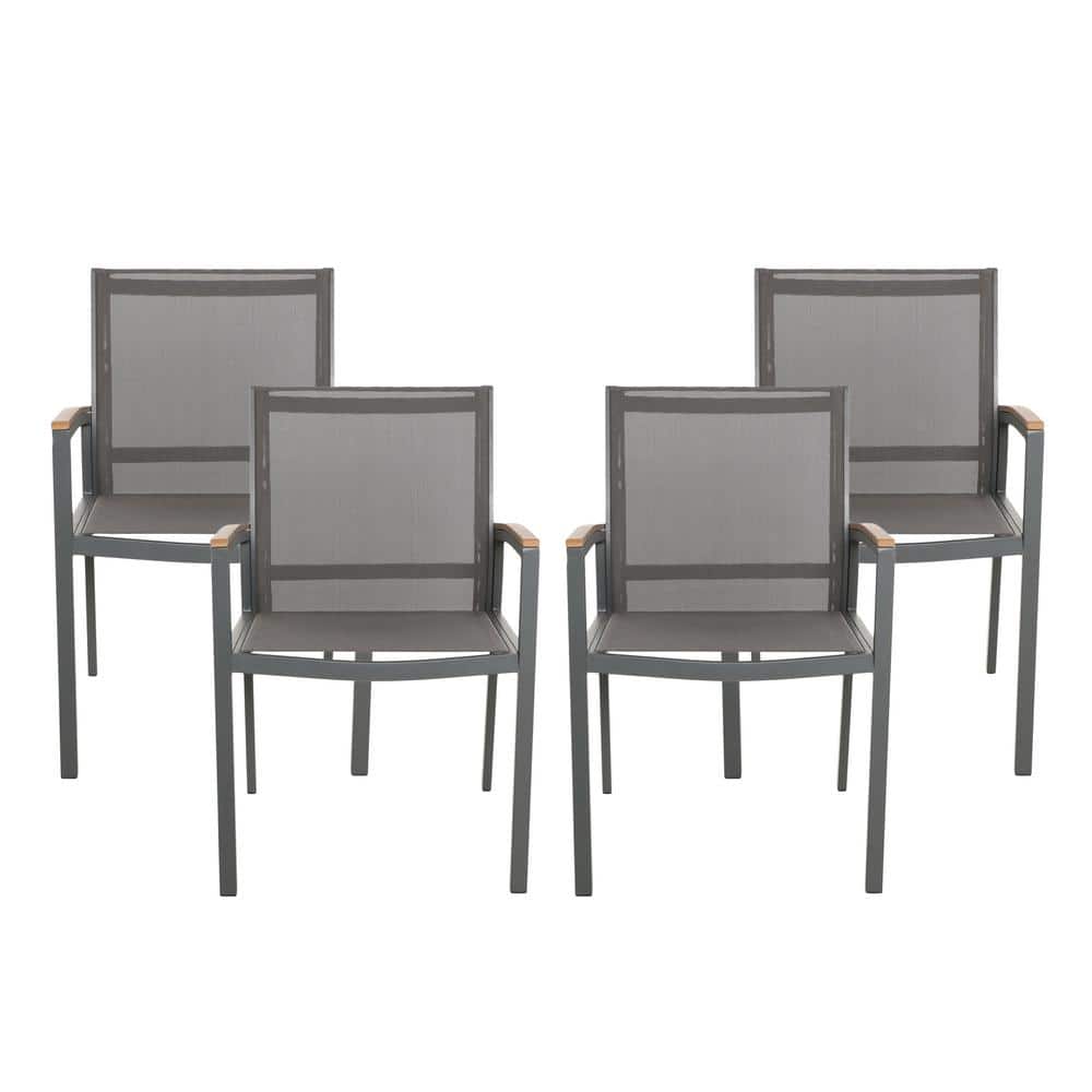 Gray and Natural Brown Aluminum Outdoor Dining Chairs with Faux Wood Accents, Set of 4