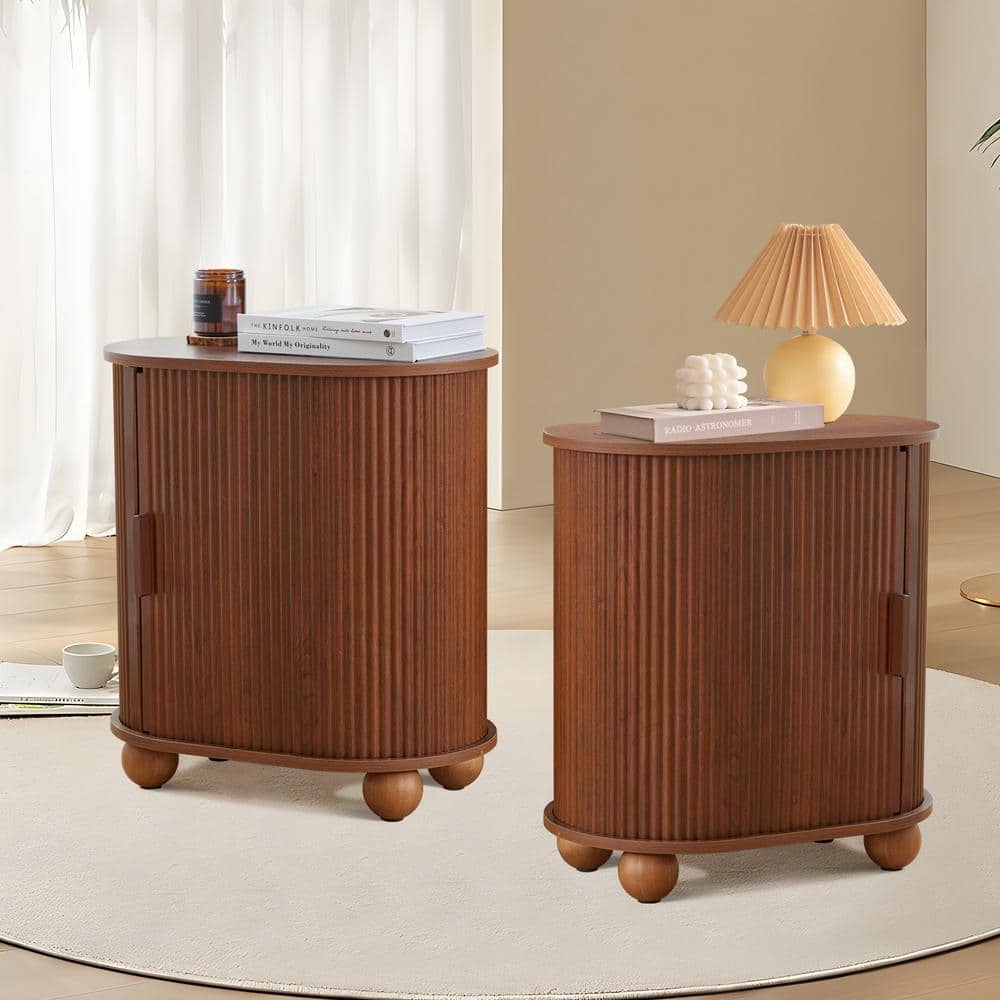 ATHMILE 21.65 in. Walnut Wood Oval Nightstand/End table with