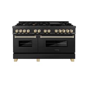 Autograph Edition 60 in. 9 Burner Double Oven Dual Fuel Range in Black Stainless Steel and Polished Gold