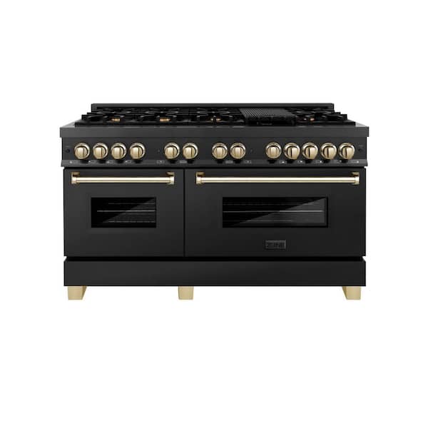 ZLINE Kitchen and Bath Autograph Edition 60 in. 9 Burner Double Oven Dual Fuel Range in Black Stainless Steel and Polished Gold