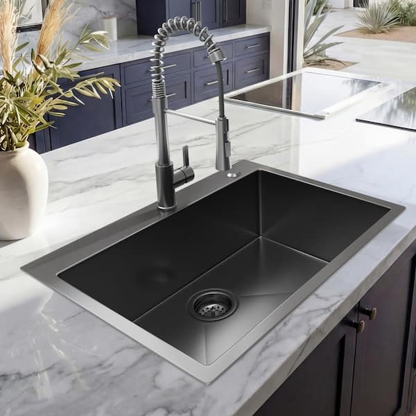 33 in. Drop-In Single Bowl 18 Gauge Gunmetal Black Stainless Steel Kitchen Sink with Black Spring Neck Faucet