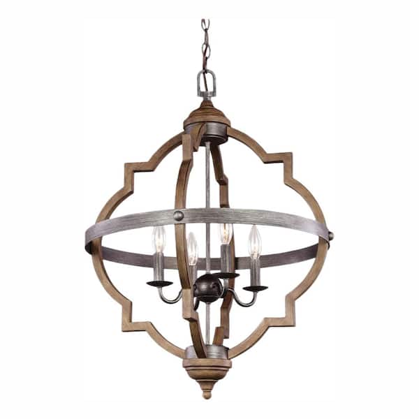Generation Lighting Socorro 20.875 in. W. 4-Light Weathered Gray and Distressed Oak Hall-Foyer Pendant with Dimmable Candelabra LED Bulbs