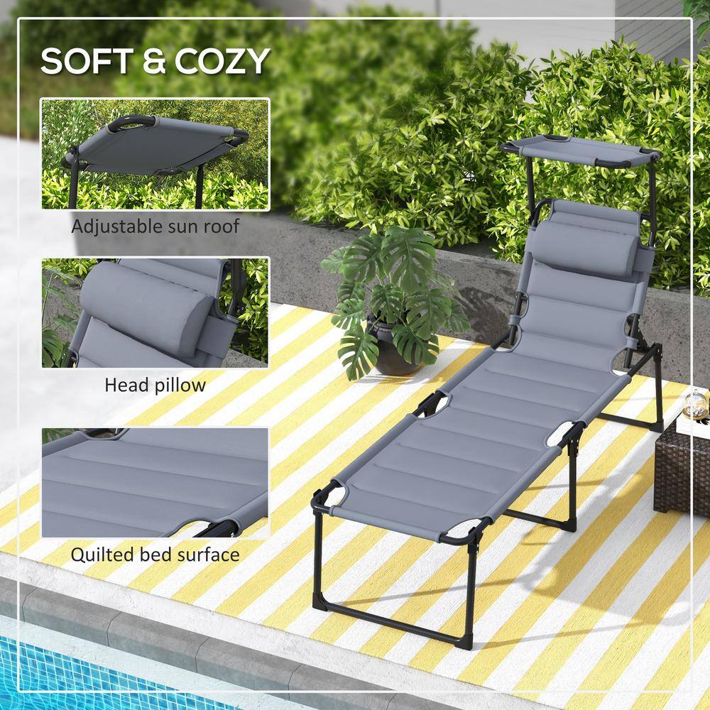 Gray Adjustable Outdoor Chaise Lounge Chairs with Cushions and Sunshade