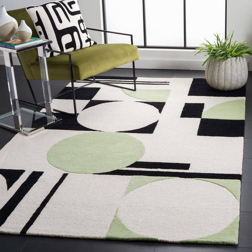 Green and Black Geometric Hand-Tufted Wool Area Rug 4' x 6'