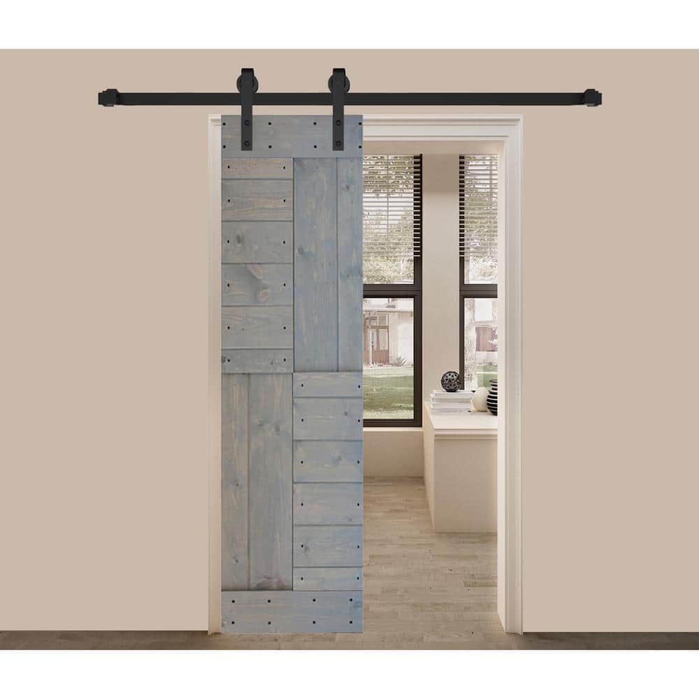 French Gray Solid Knotty Pine Wood Sliding Barn Door Slab, 24 x 84 inches