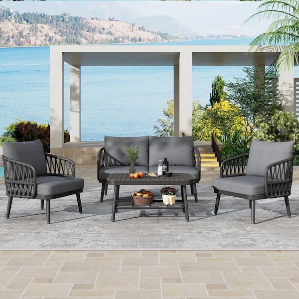 Sudzendf 4-Piece Metal Outdoor Conversation Patio Furniture Set with Gray Cushions