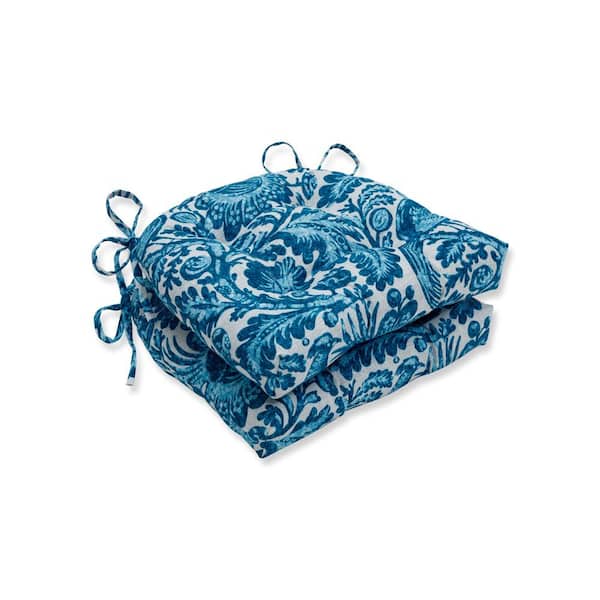 Pillow Perfect Paisley 16 in. x 15.5 in. 2-Piece Outdoor Dining Chair Cushion in Blue/White Tucker Resist