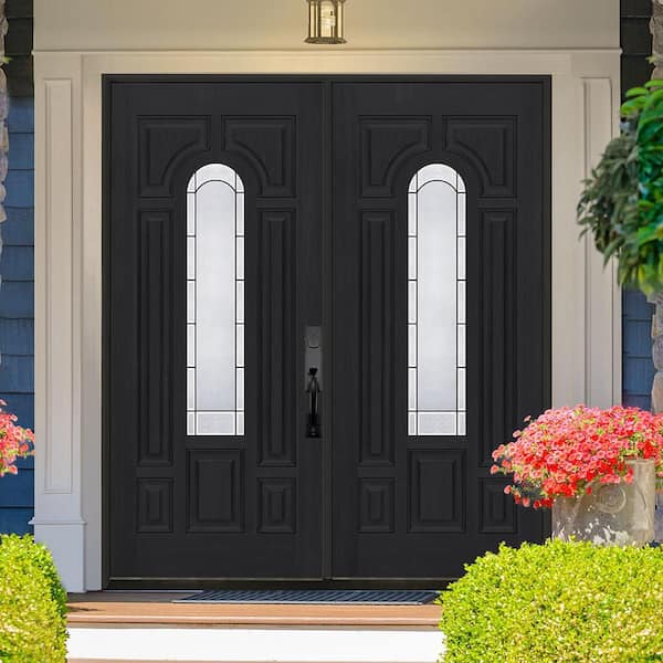 Regency 72 in. x 80 in. Center Lite Empire Deco Glass LHIS Onyx Fiberglass Double Prehung Front Door with 4-9/16 Jamb