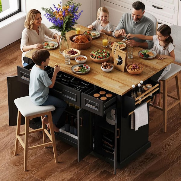 Rustic Coastal Black Wood 54 in. Rubber Wood Drop Leaf Rolling Kitchen Island with 4-Door and 3-Drawer