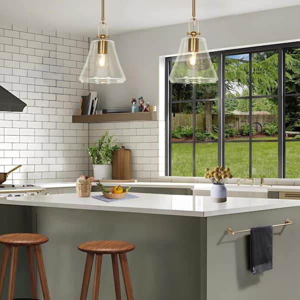 Modern Farmhouse 1-light Imitation Brass Pendant Light with Trapezoid Clear Glass Shade, Hanging Lamp for Kitchen Island