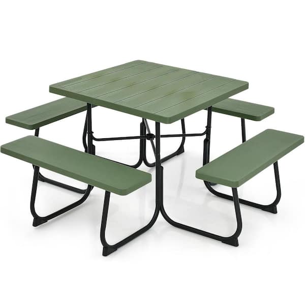 8 Person HDPE Outdoor Square Picnic Table with 4 Built-in Benches and Umbrella Hole for Garden, Backyard, Porch, Patio