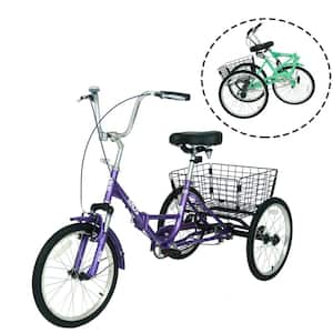 20 in. 3 Wheel Adult Foldable Tricycle, Purple Bicycle with Shopping Basket