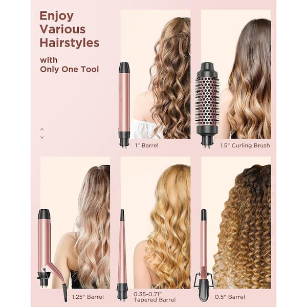 Adrinfly 5 In 1 0.35 in. x 1.25 in. Ceramic Curling Iron Set with Curling Brush and 4 Interchangeable Curling Wand in Rose Gold SNPH002IN1052 The Home Depot