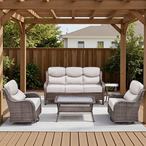 Arcadia Brown 5-Piece Wicker Patio Conversation Set with Coffee Table and 6 in. Thick Olefin Beige Cushions