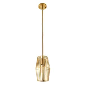 1-Light Antique Gold Geometric Pendant Chandelier with Caged Metal Shade
