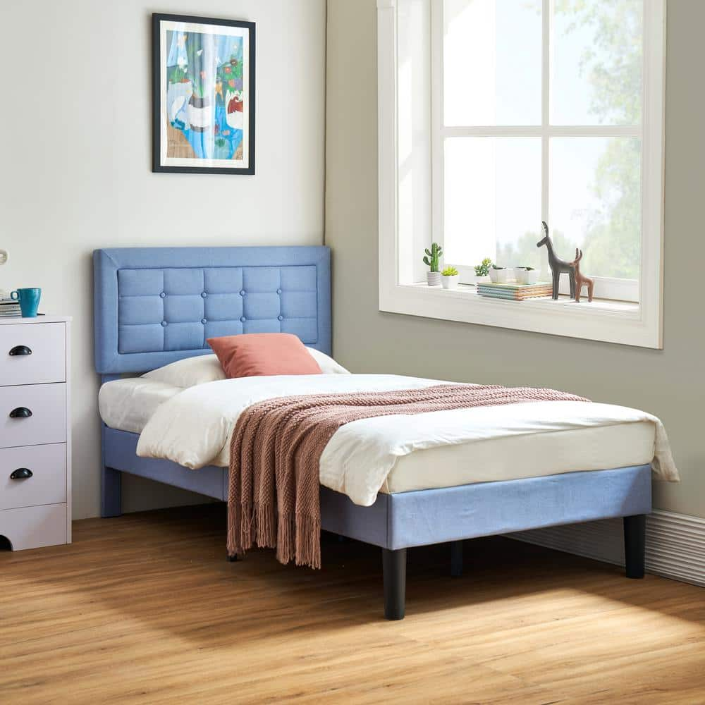 VECELO Upholstered Bed Light Blue Wood And Metal Frame Twin Platform ...